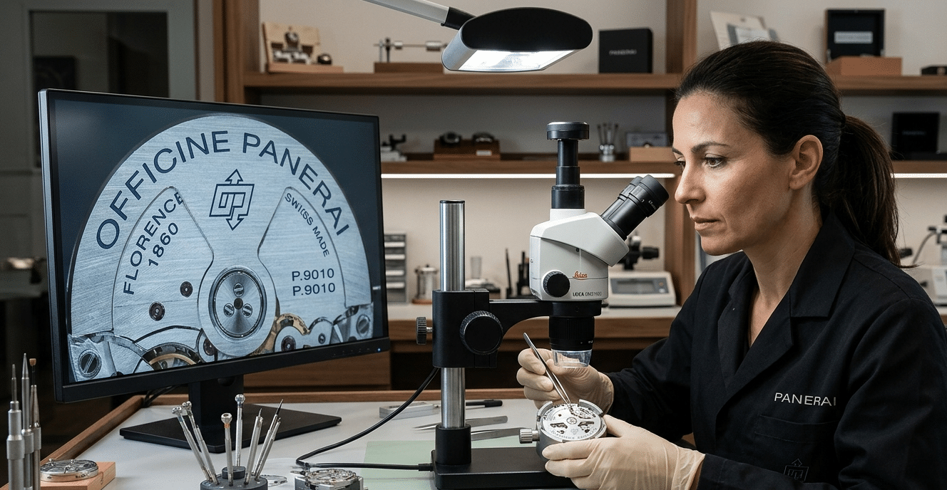 A watchmaker using a digital microscope to examine the micro-engravings on a watch movement.