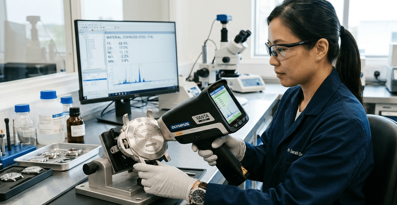 A technician performing X-ray fluorescence (XRF) analysis on a watch case to determine its alloy composition.