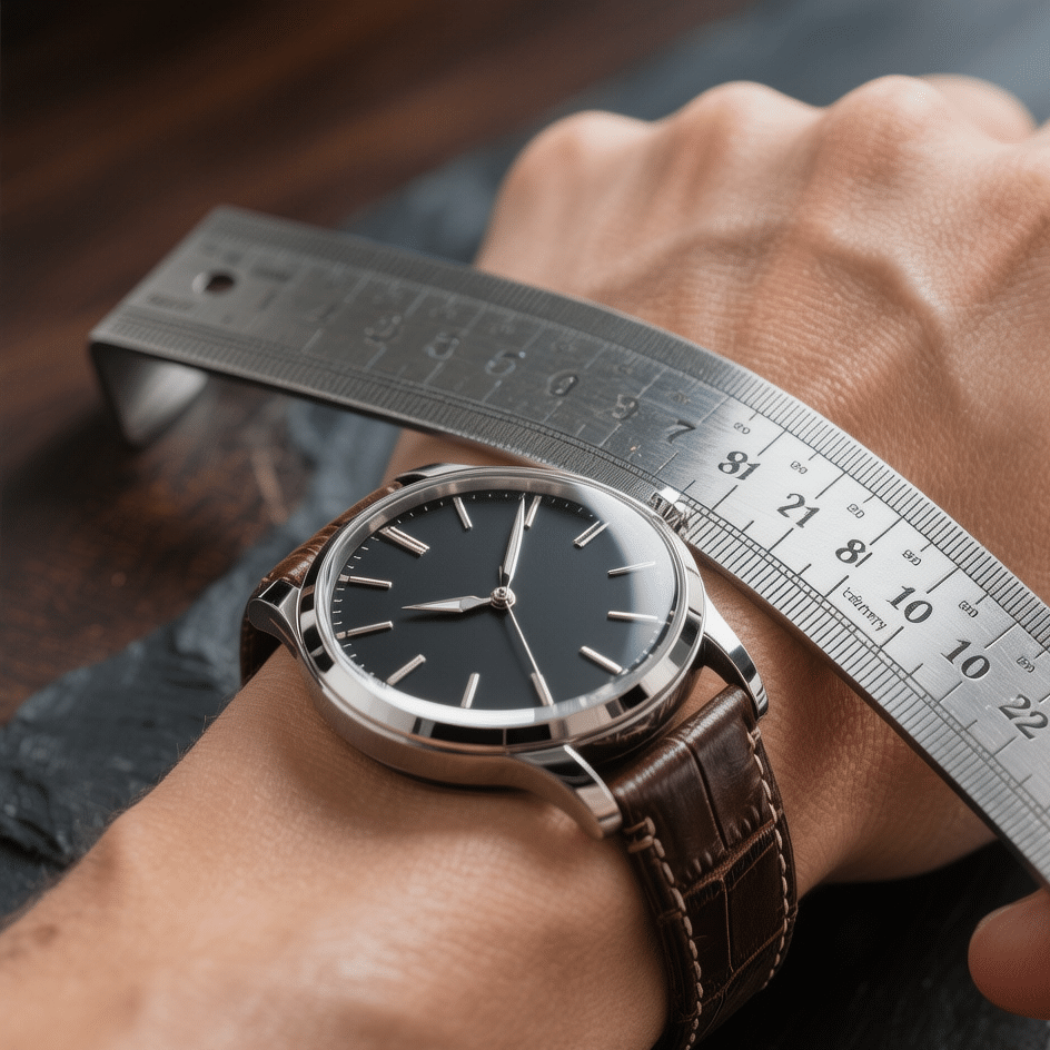 A close-up image of a person's wrist with a ruler placed flat across the top, demonstrating the 'Ruler Test' for wrist shape.