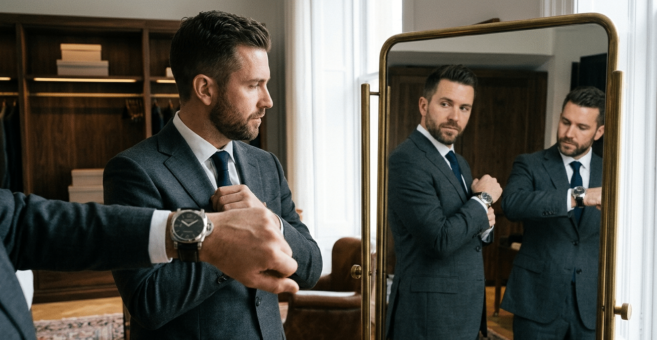 A person looking into a full-length mirror, wearing a large watch on their wrist, demonstrating the 'Mirror Test' for overall visual proportion.