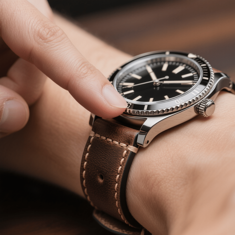 A close-up image of a watch on a wrist, with a finger pointing to a noticeable gap between the strap and wrist beneath the lugs, illustrating the 'Strap Gap Test'.