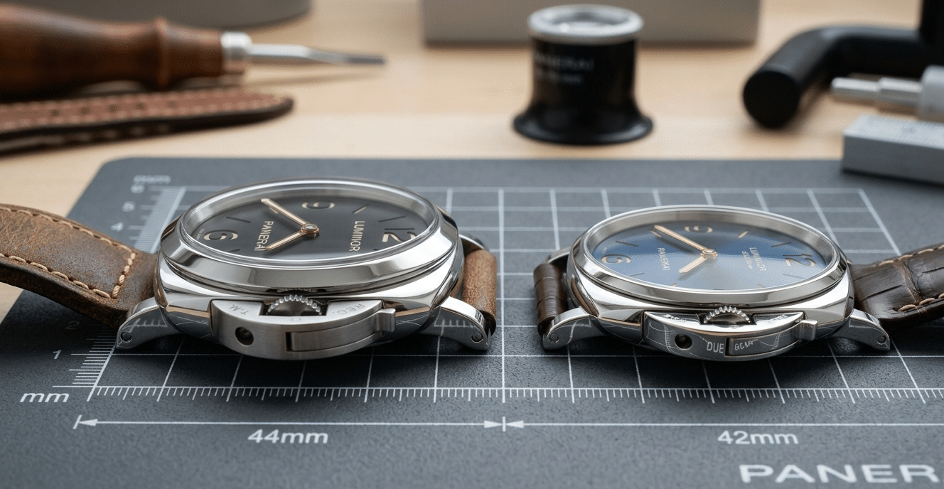 A side-by-side comparison of a traditional 44mm Panerai Luminor and a 42mm Luminor Due on a measuring mat, highlighting thickness and lug curvature differences.