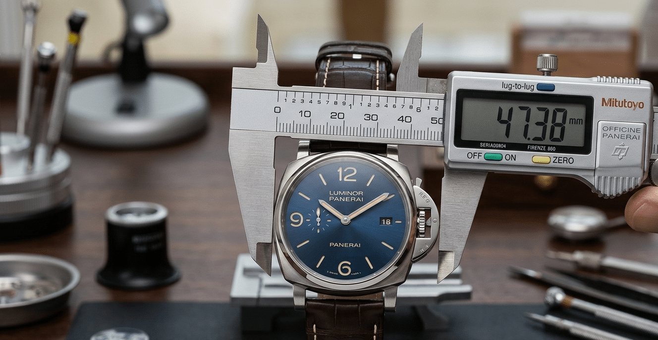 A close-up, macro shot of a 42mm Luminor Due super clone being measured with precision calipers to show lug-to-lug distance and case thickness.