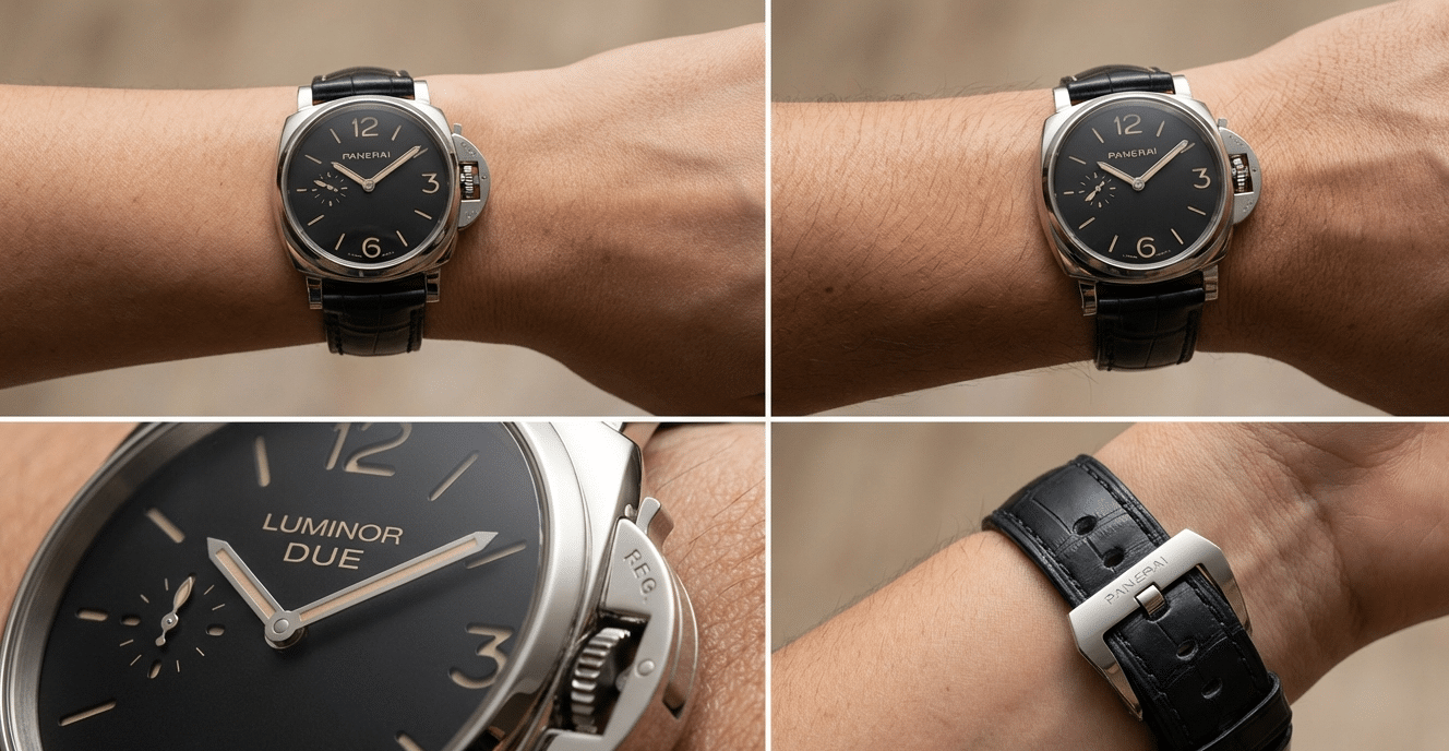 A series of macro photographs showing a 42mm Panerai Luminor Due super clone on wrists of different sizes (e.g., 6-inch, 6.25-inch), specifically highlighting lug-to-lug fit and overall visual balance.