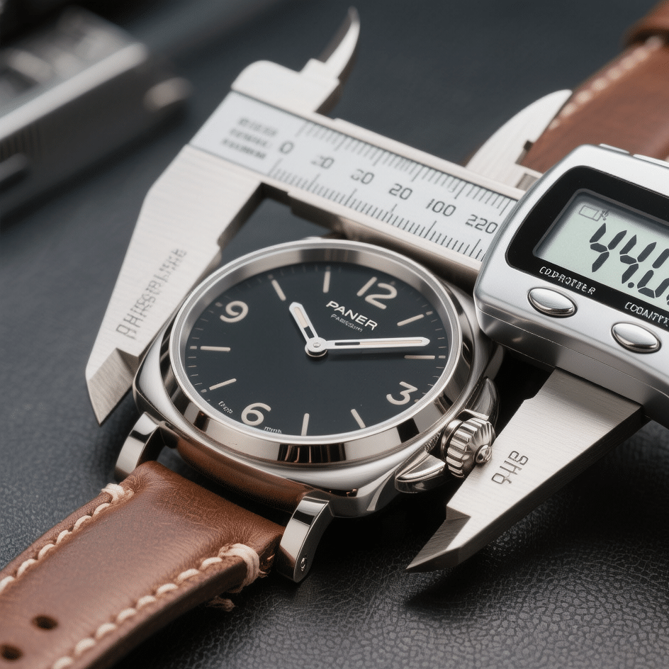Digital calipers measuring the case diameter of a 44mm Panerai super clone