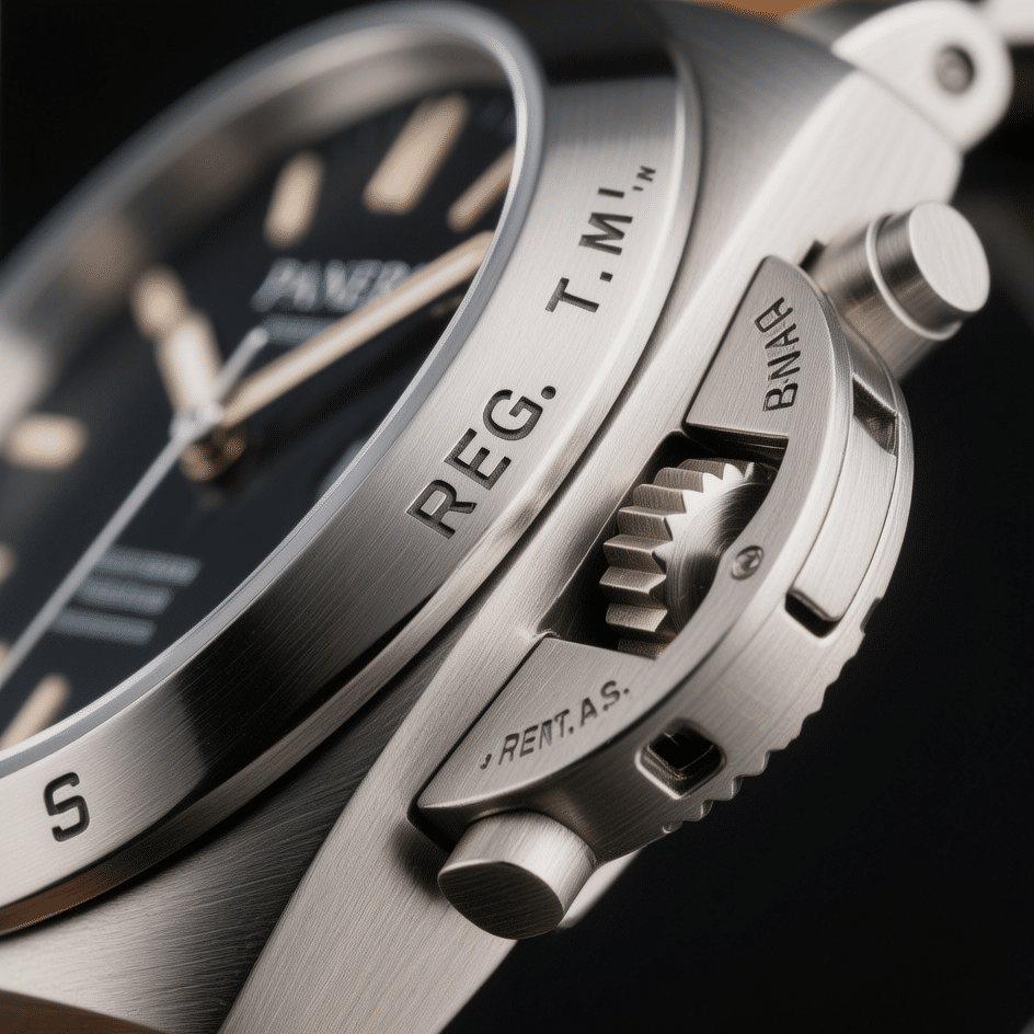 Close-up view of a Panerai crown guard, highlighting the lever mechanism