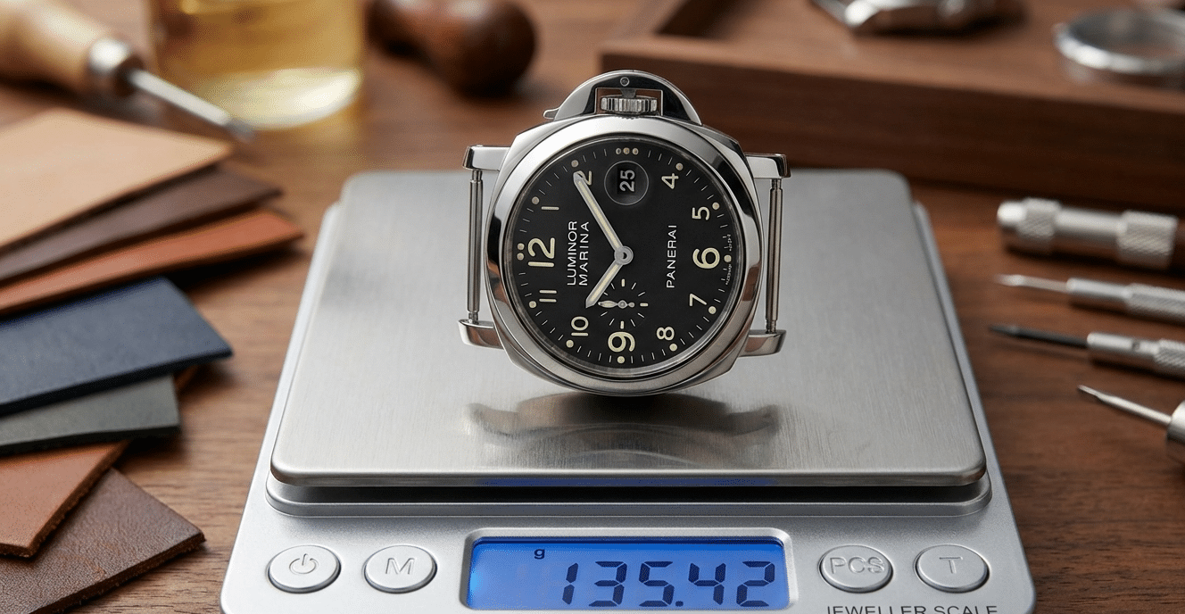 A Panerai watch head without a strap being weighed on a digital scale