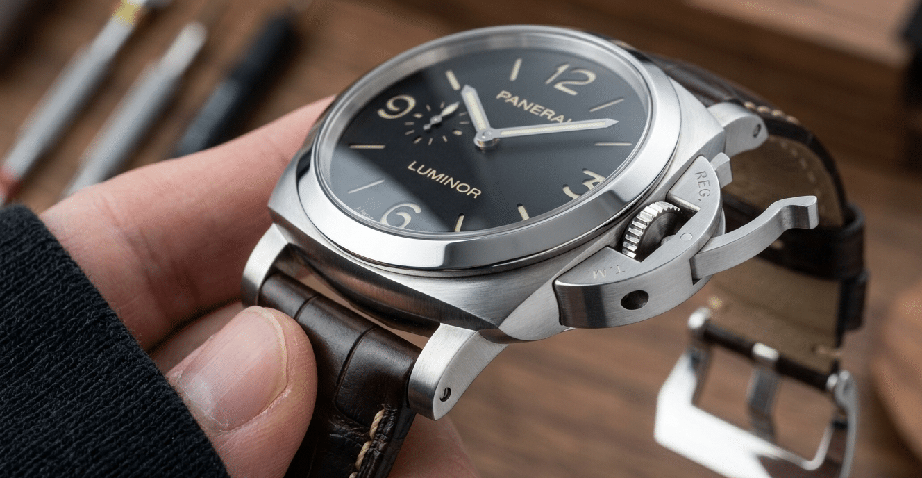 Close-up of a 47mm Panerai super clone case showing brushed and polished finishes, highlighting case edge precision