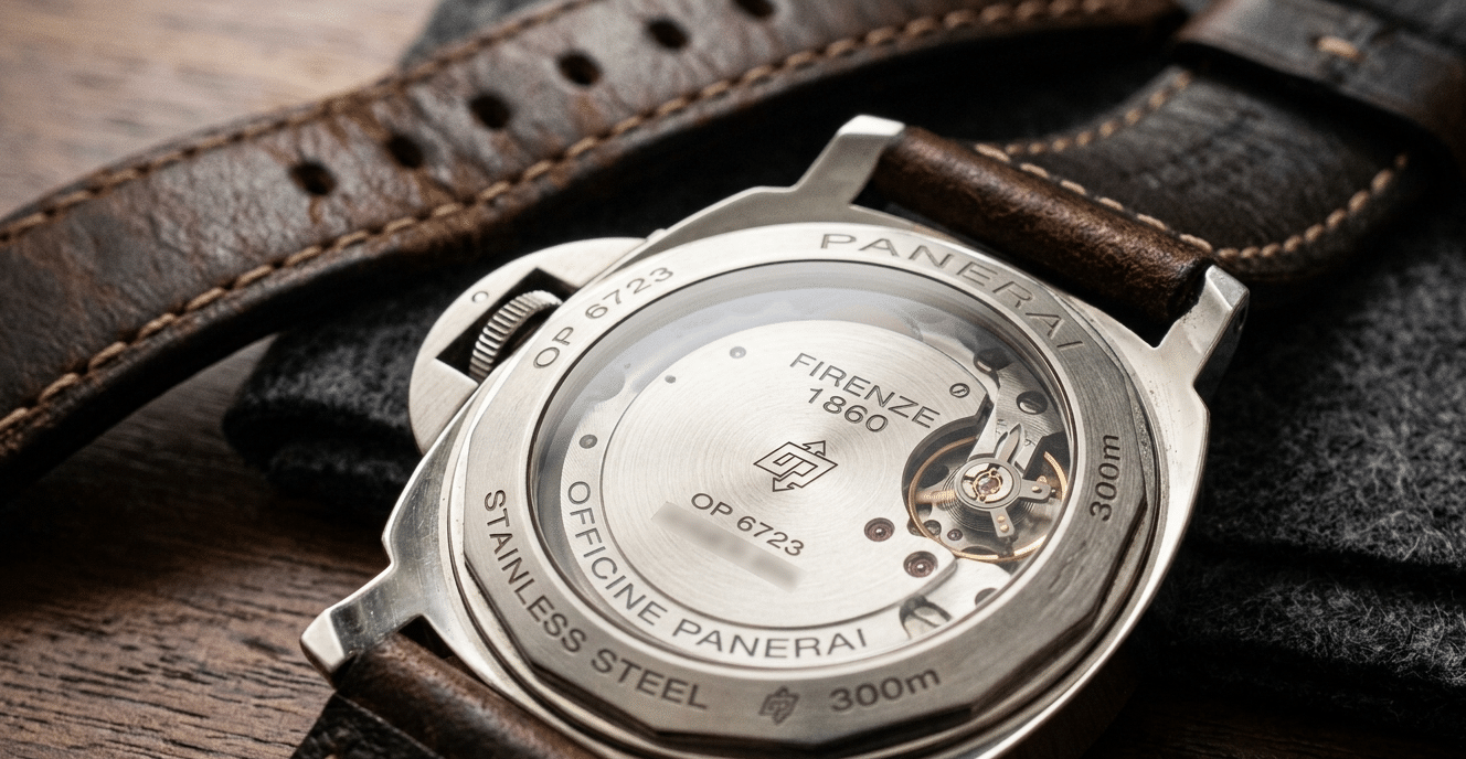 Close-up of a Panerai super clone caseback showing engraved details and curvature