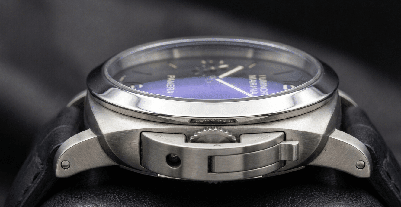 Side profile of a 47mm Panerai super clone showing crystal height and AR coating reflection