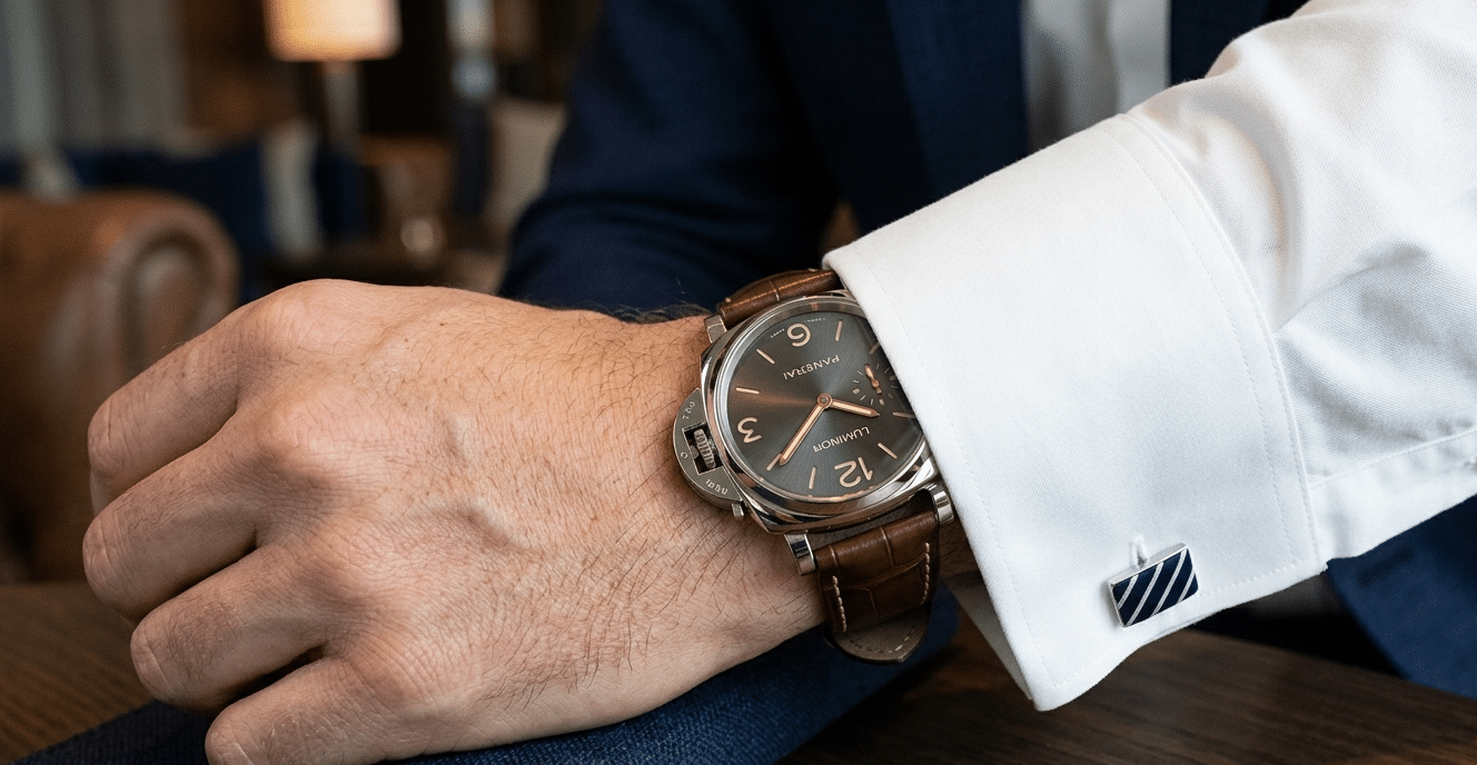 40mm Luminor Due replica on a wrist, sliding under a shirt cuff, demonstrating clearance.