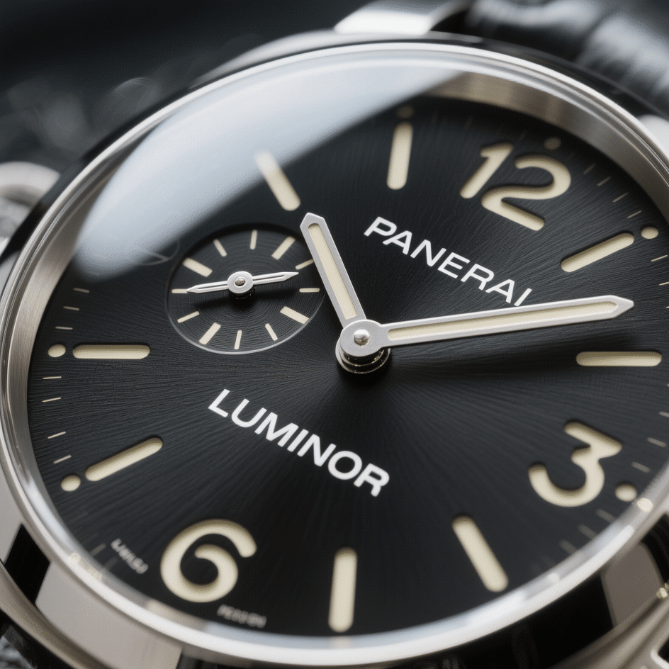 Close-up of a 40mm Luminor Due replica dial and crystal, showing crisp indices and subtle dome