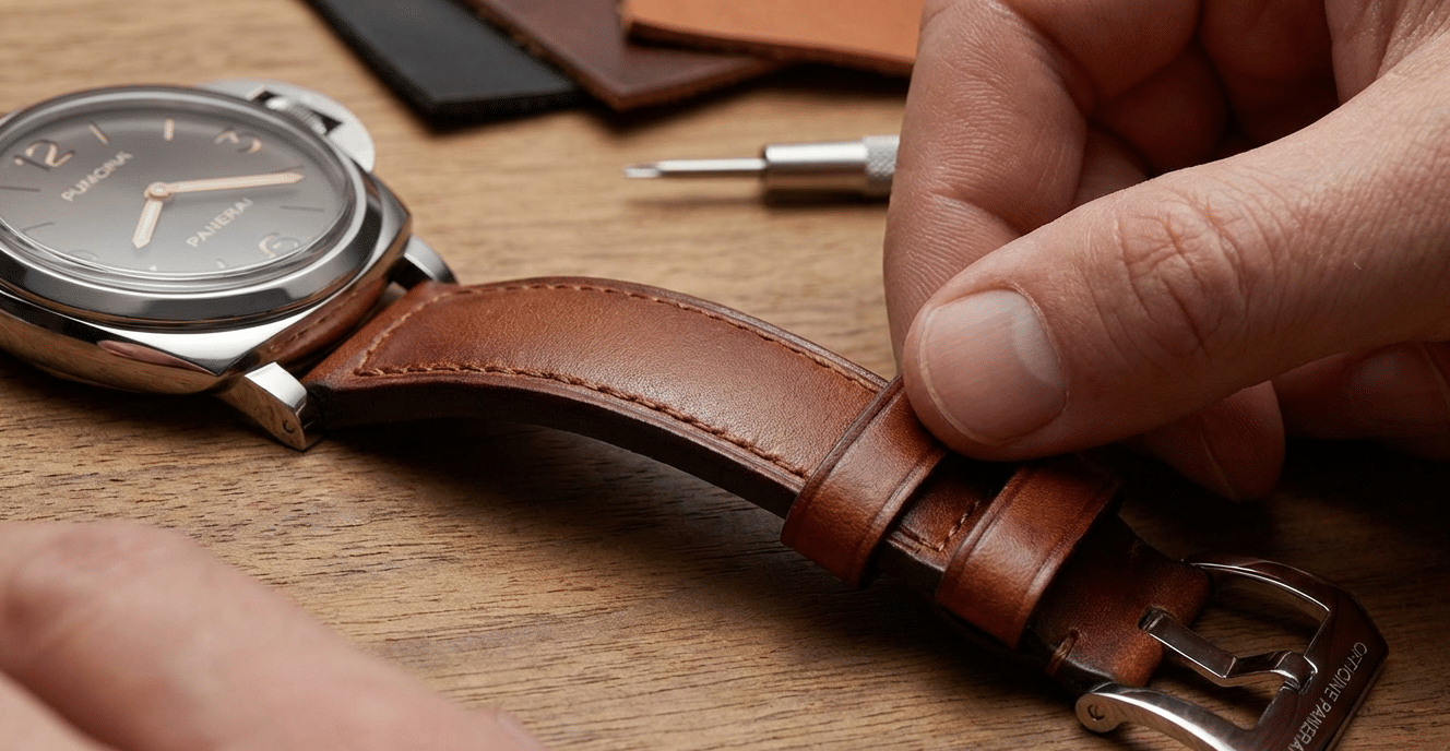Close-up of a hand performing a finger-slide test on the edge of a Panerai replica leather strap, checking for smoothness.