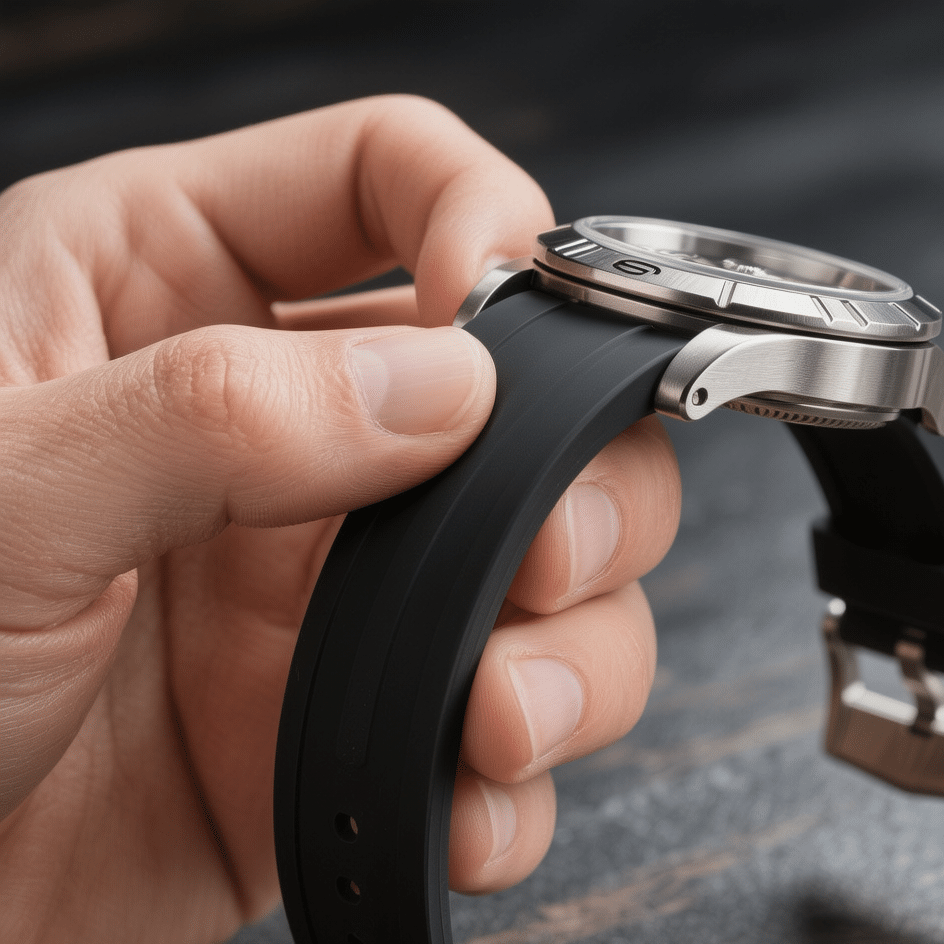A hand performing the "Snap-Back" elasticity test on a rubber watch strap, bending it at a 90-degree angle.