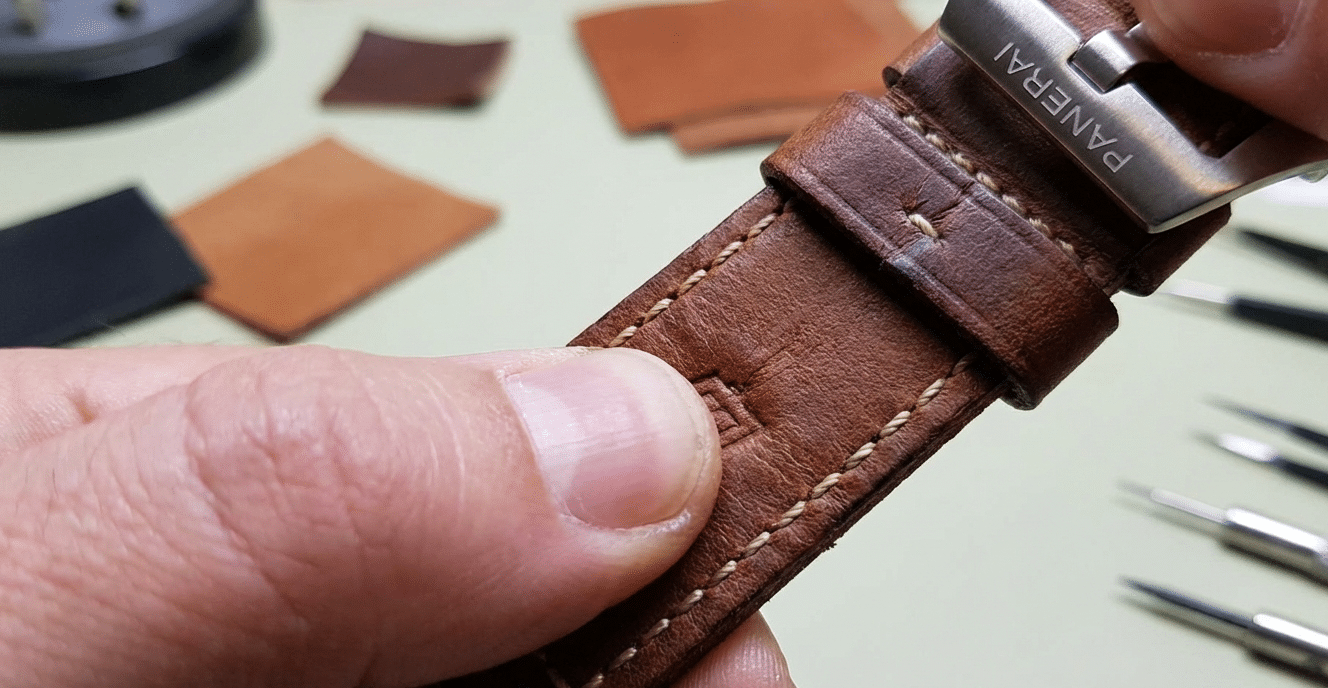 A close-up of a finger pressing into the underside of a Panerai replica leather strap to perform the crease line retention test.