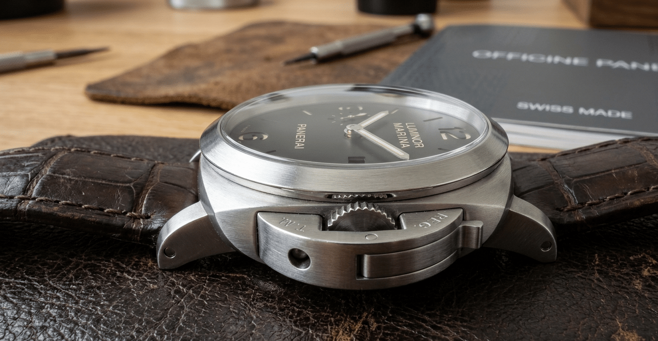A close-up shot of a Panerai Luminor replica case, highlighting the side profile and crown guard.