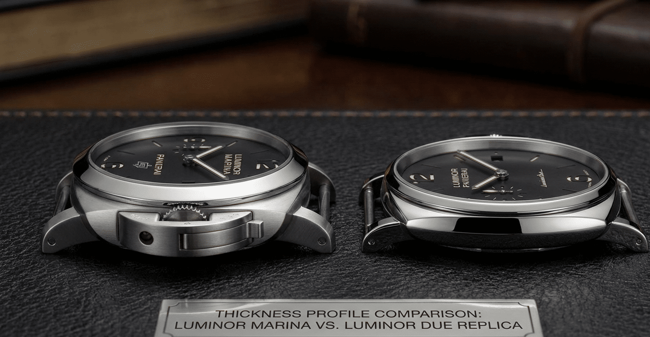 A side-by-side comparison of a Panerai Luminor Marina and a Luminor Due replica, showing their different thickness profiles.
