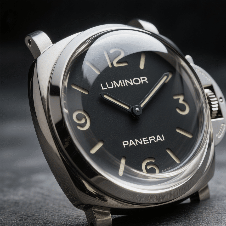 A close-up of a Panerai replica's domed sapphire crystal, showing its height and curvature.