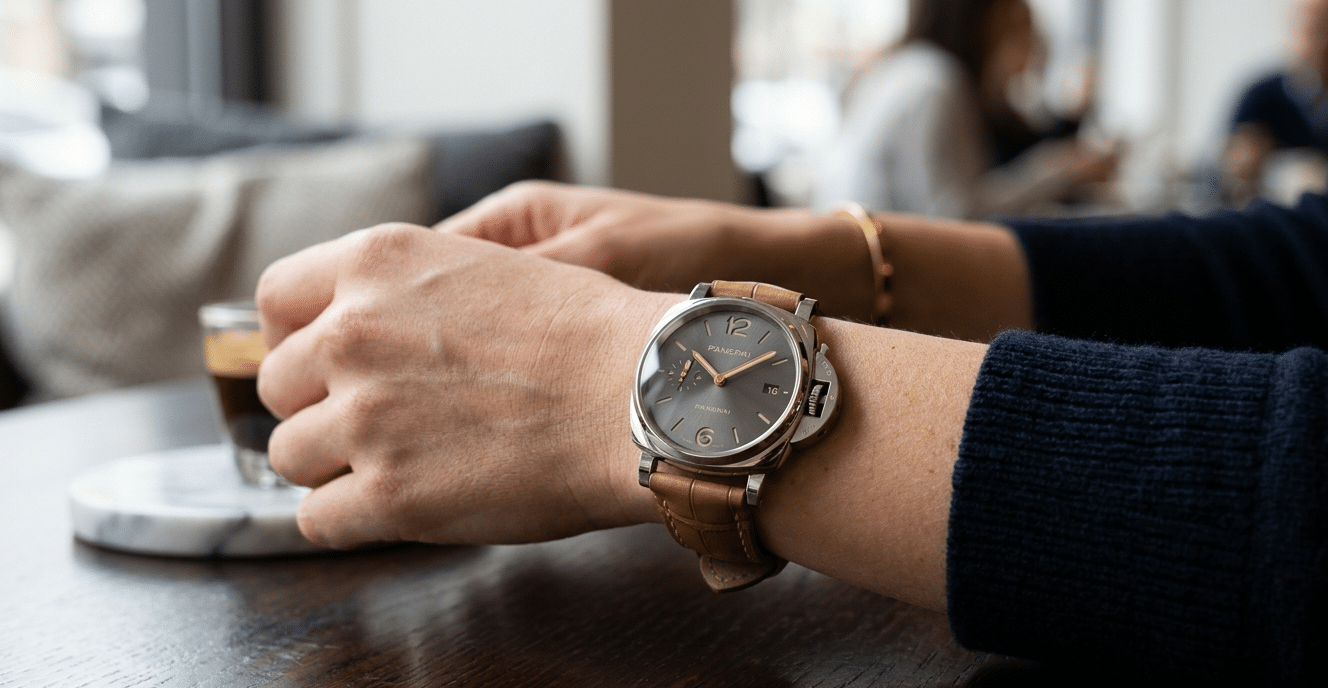 A close-up shot of a Panerai Luminor Due super clone on a woman's wrist, highlighting the case finishing and how it sits proportionally.