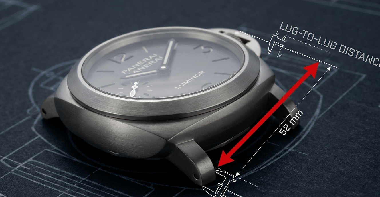 A diagram illustrating how to measure lug-to-lug distance on a watch case, with an arrow indicating the measurement points.
