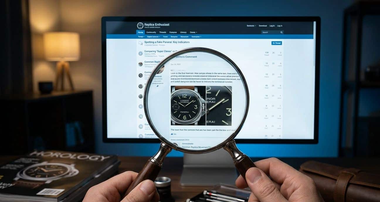 A magnifying glass hovering over a computer screen showing a replica watch forum, symbolizing the need for scrutiny.
