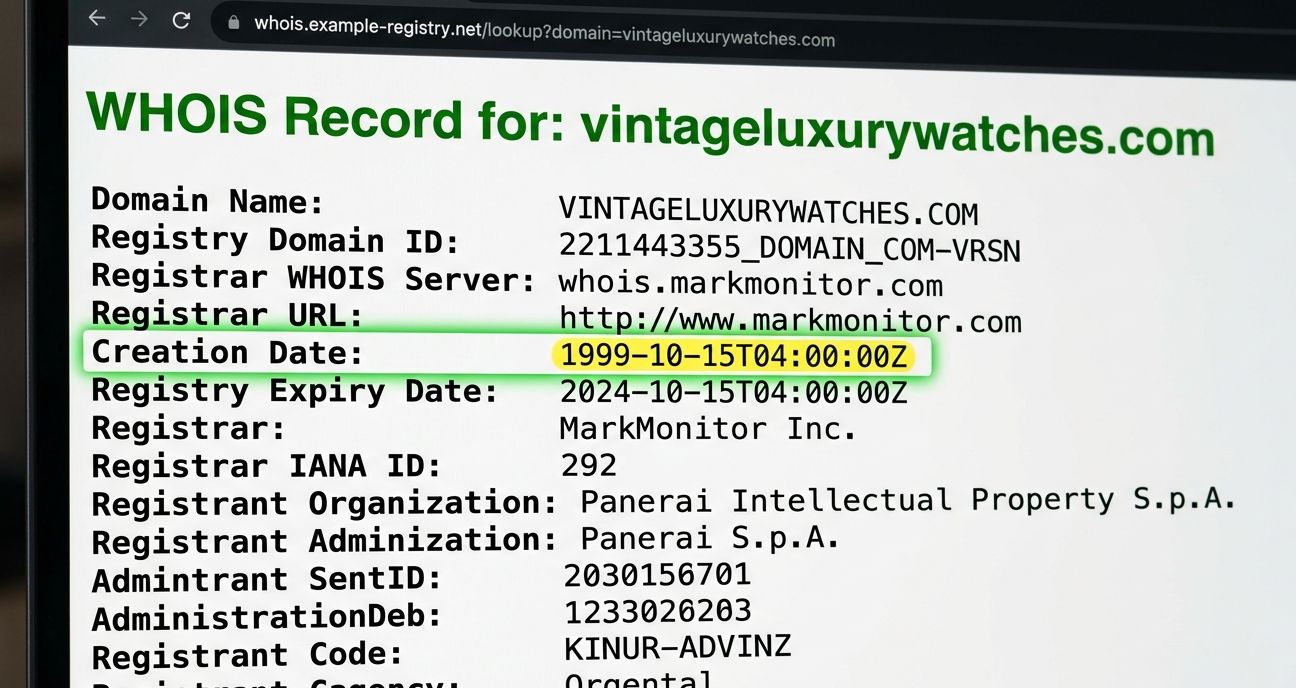 A screenshot of a WHOIS lookup result, highlighting the domain creation date.