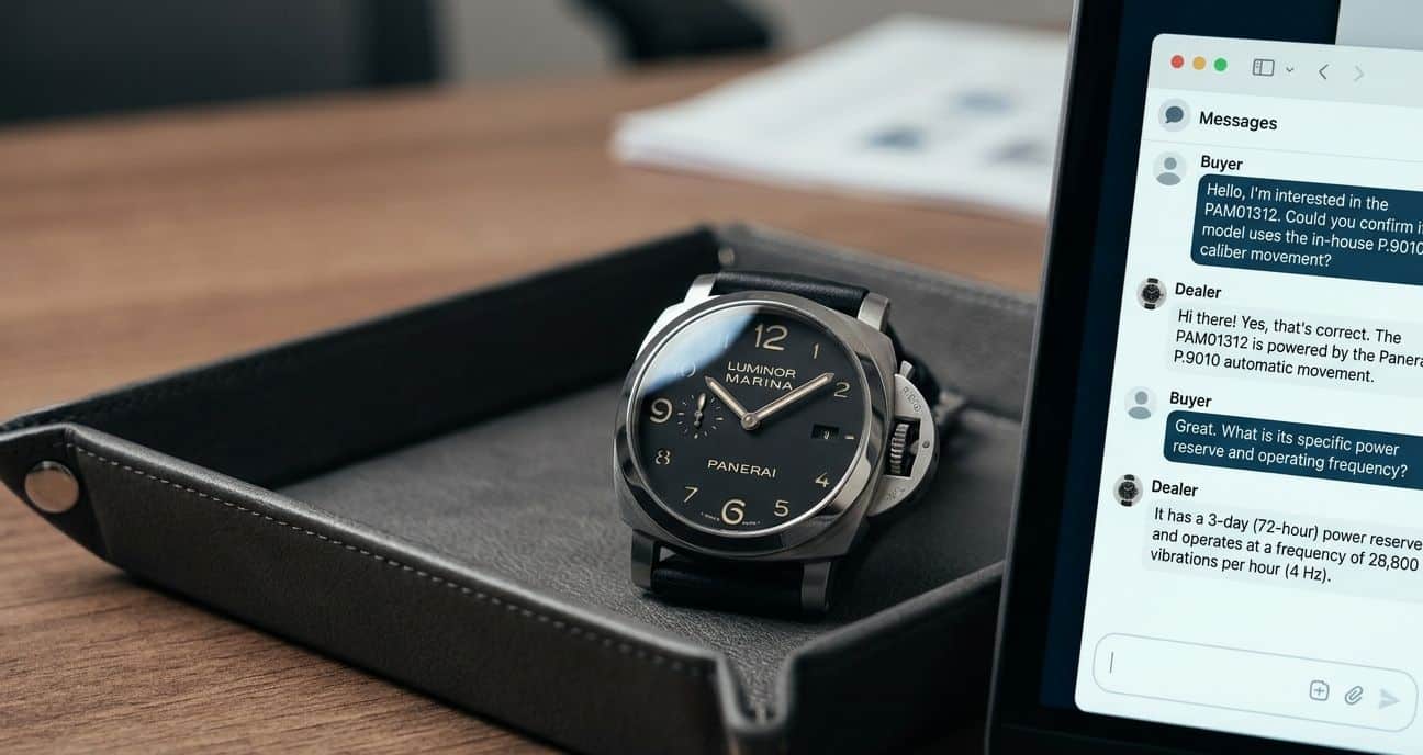 A chat window showing a buyer asking a detailed technical question about a watch movement to a dealer.