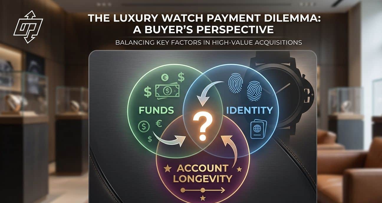 A graphic illustrating three overlapping circles labeled "Funds," "Identity," and "Account Longevity," with arrows pointing to a central question mark, representing the buyer's dilemma in choosing a payment method.