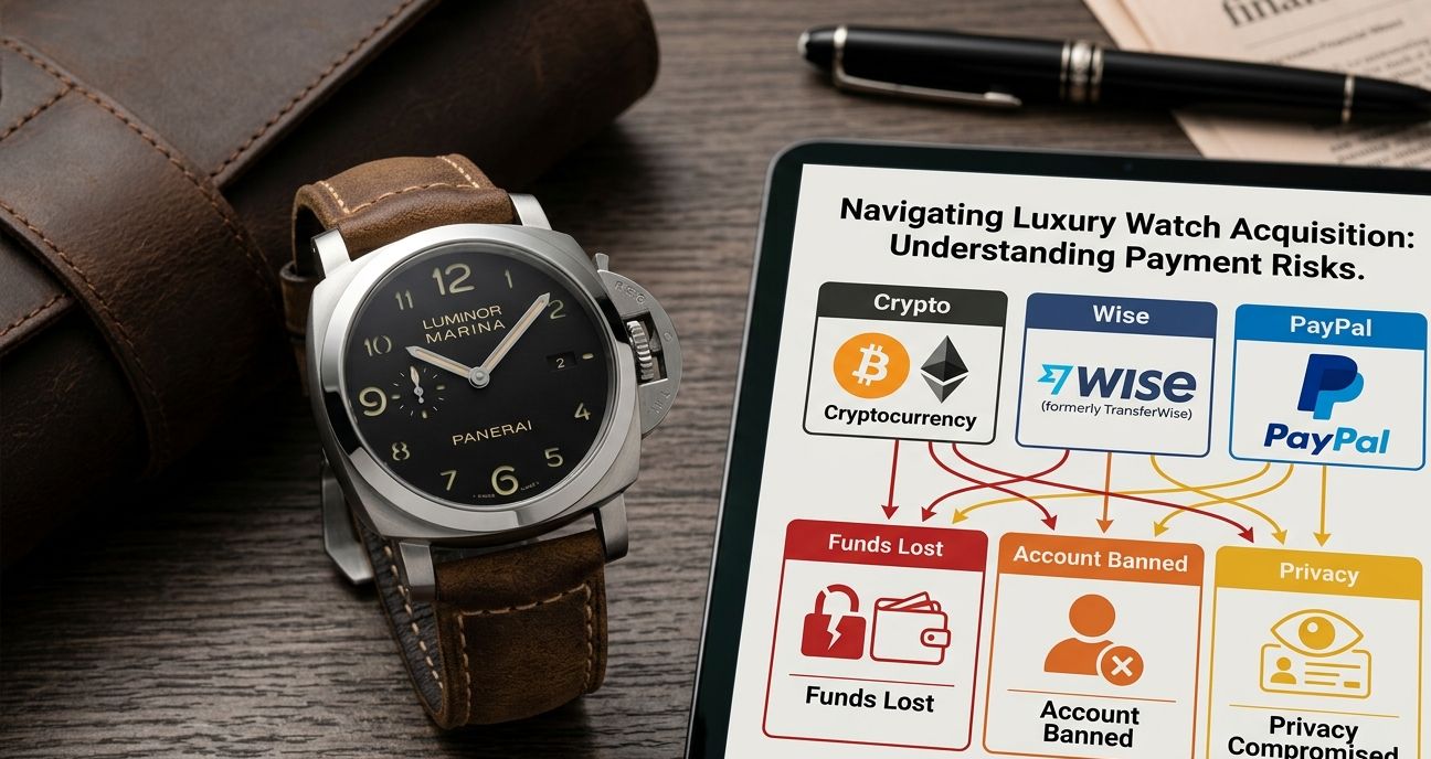 A graphic illustrating three payment method icons (Crypto, Wise, PayPal) with arrows pointing to different risk categories like 'Funds Lost', 'Account Banned', 'Privacy Compromised'