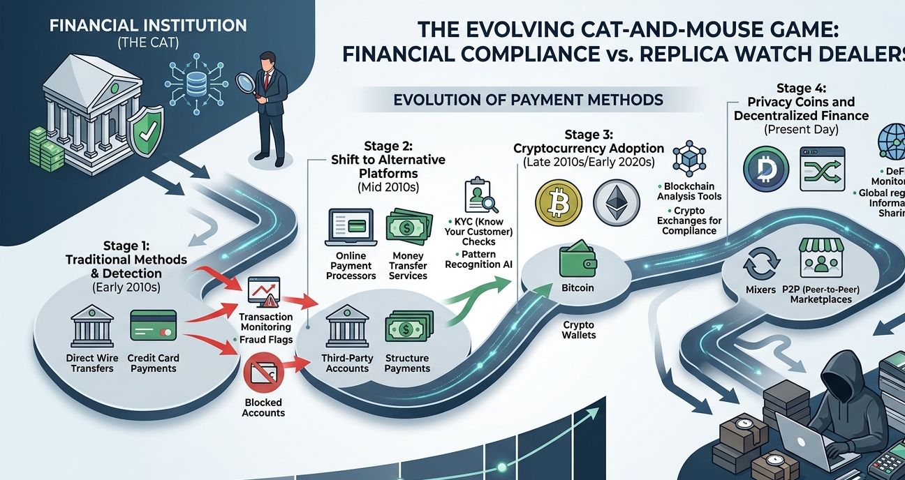 A conceptual diagram showing a "cat-and-mouse" game between a financial institution and a replica watch dealer, with payment methods evolving in the middle