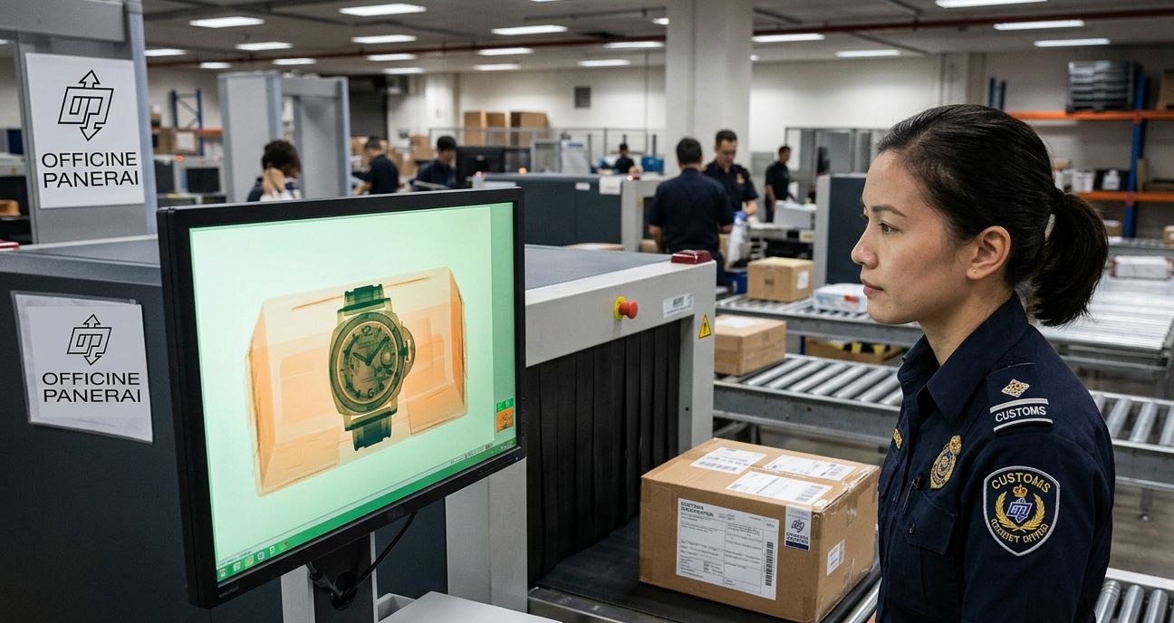 Customs officer inspecting a package with an X-ray scanner, focusing on an item shaped like a watch.