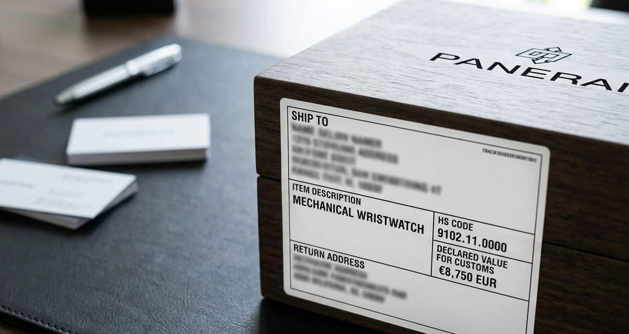 A close-up of a shipping label with blurred personal information but clear sections for declared value, item description, and HS code.