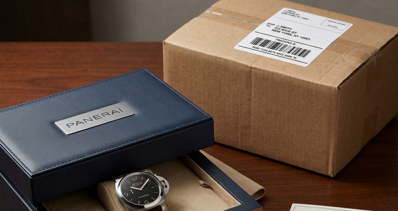 A generic, plain brown shipping box with a simple white shipping label, no visible branding.