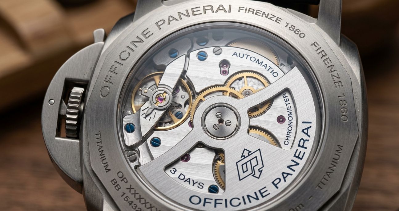 A close-up of a Panerai replica watch movement through a display caseback, showing intricate gears and balance wheel.
