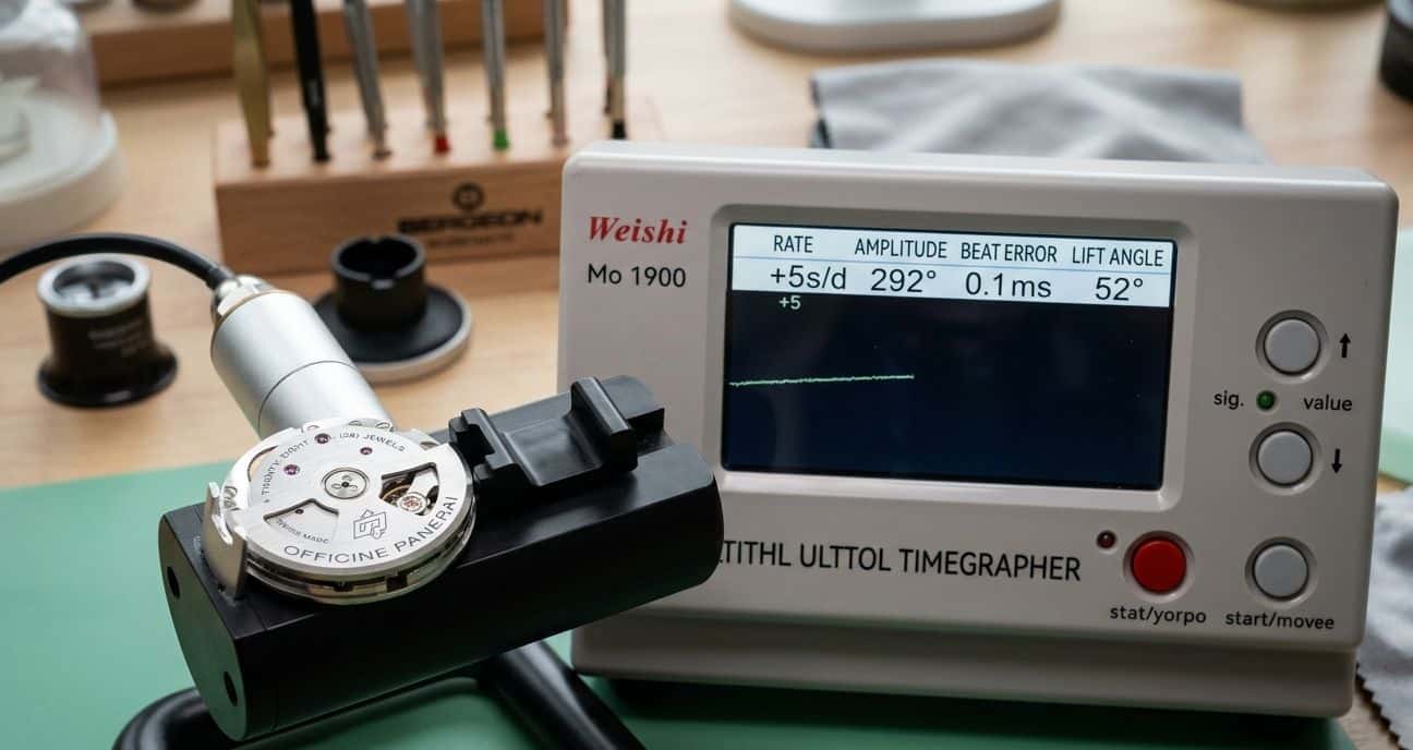 A replica Panerai movement on a timegrapher displaying amplitude, beat error, and rate readings.