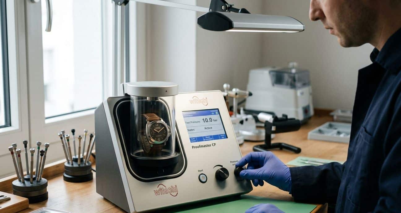A replica Panerai watch being tested in a professional watch pressure testing machine.