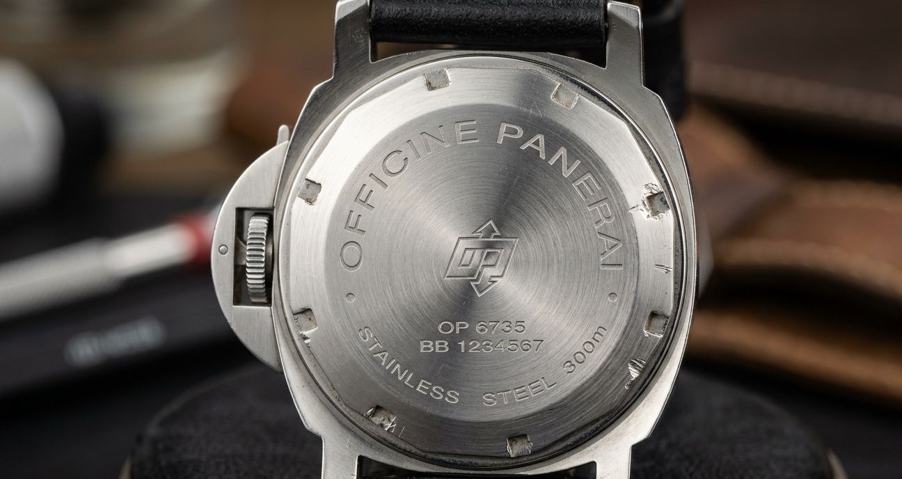 Close-up of a Panerai replica's caseback with visible tool marks on the notches