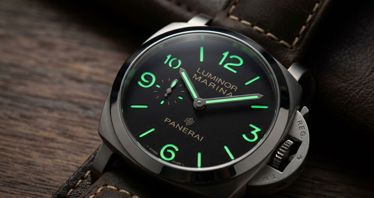 Macro shot of a Panerai dial showing even lume application on markers and hands
