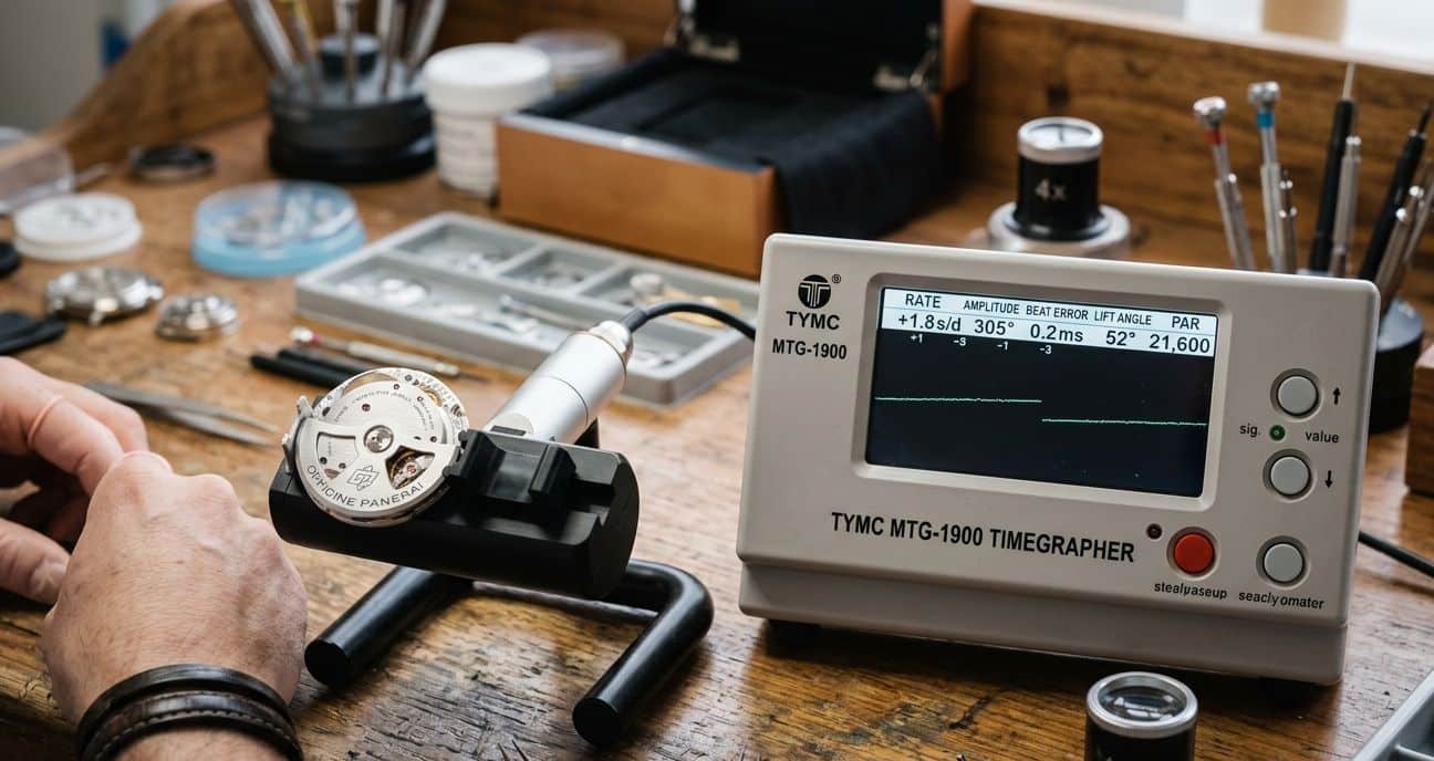 A timegrapher display showing a watch movement's amplitude, beat error, and rate