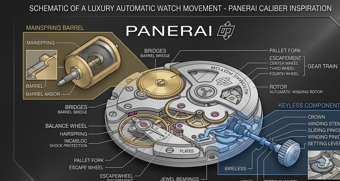 Diagram showing the internal components of a watch movement, with specific parts like the mainspring and keyless works highlighted