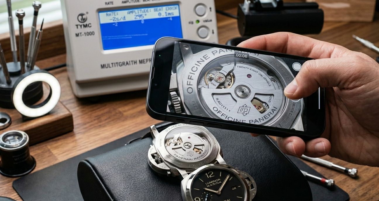 Hand holding a smartphone, recording a close-up video of a watch dial and movement, with a timegrapher in the background