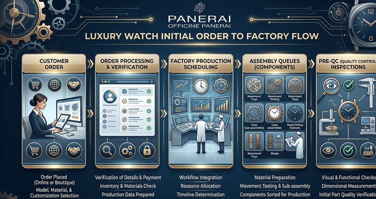 A graphic illustrating the initial order flow from buyer to factory, showing queues for assembly and pre-QC.