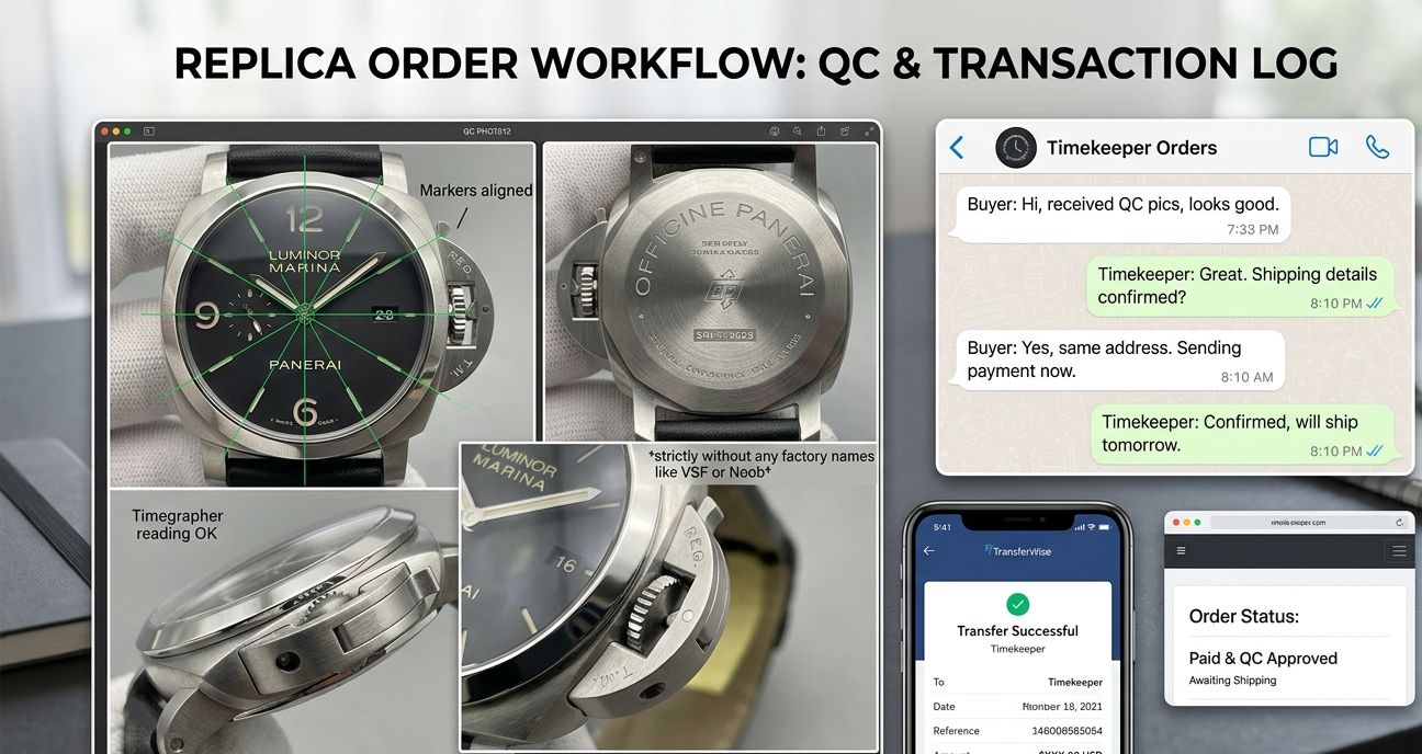 A collage of screenshots showing QC photos, payment confirmation, and a WhatsApp chat log for a replica watch order.