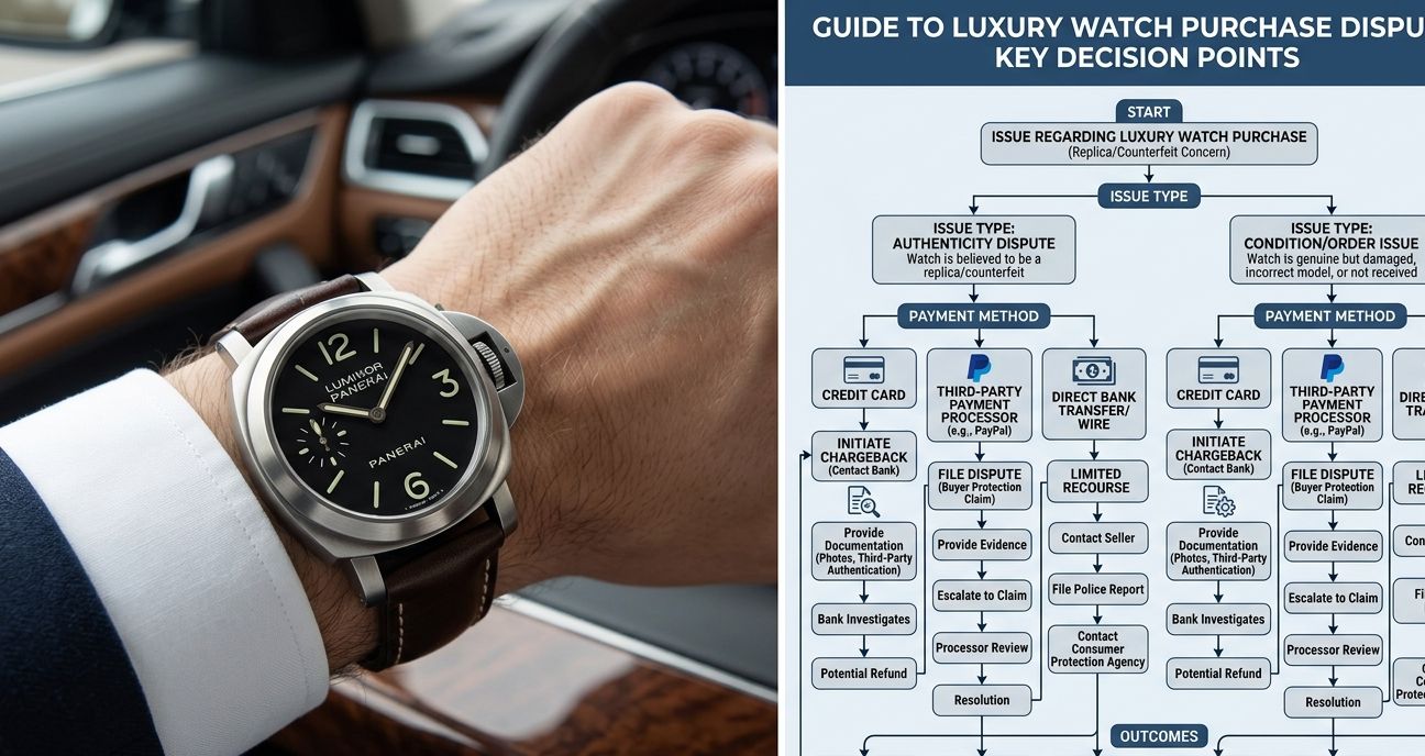 A flowchart illustrating decision points for replica watch disputes based on payment method and issue type.