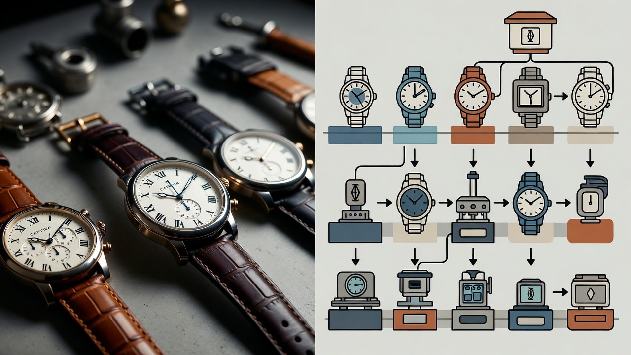 A diagram illustrating the production line of a replica watch factory, emphasizing consistency and quality control points.
