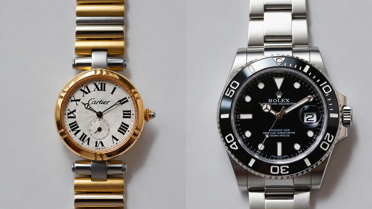 A side-by-side comparison illustrating the design philosophies of Cartier (delicate, refined) and Rolex (robust, sporty).