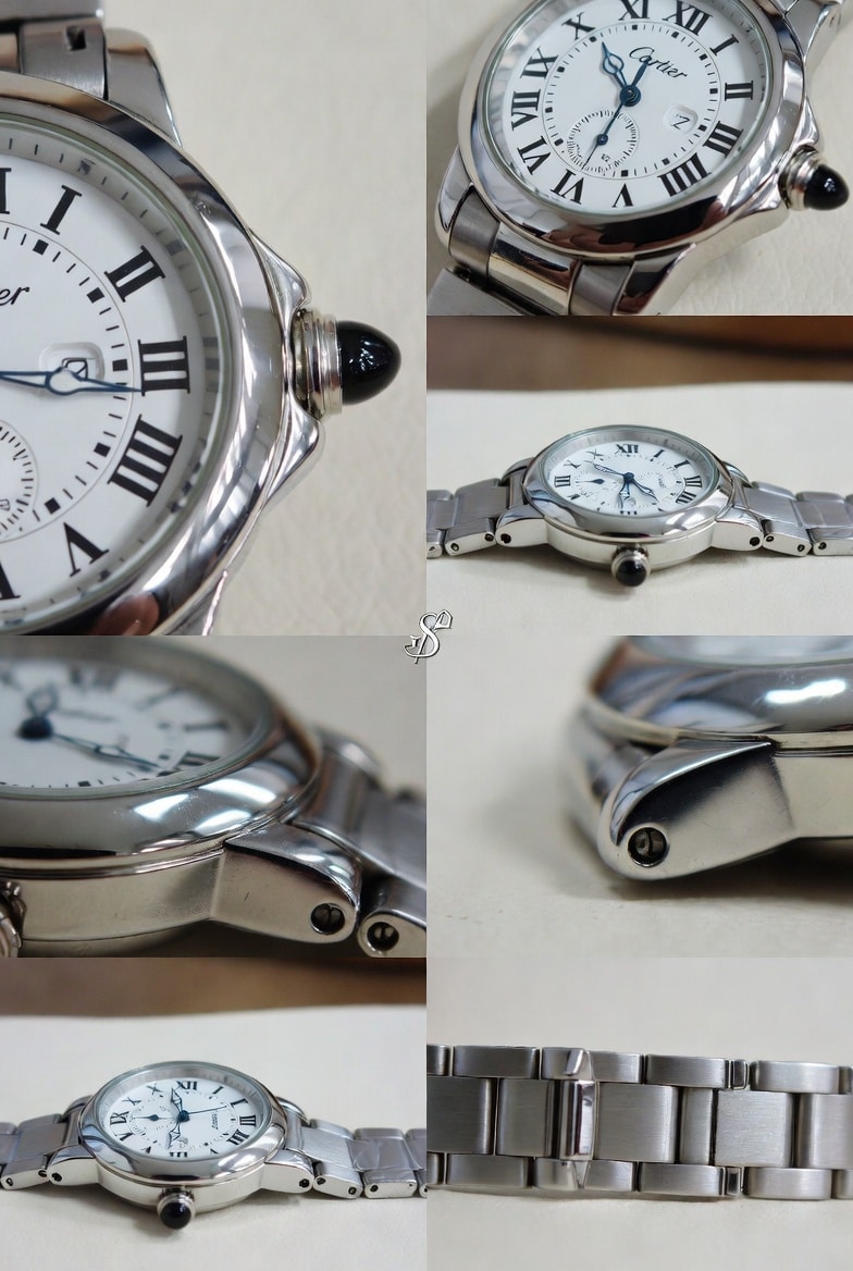 A collage of high-resolution QC photos for a Cartier replica, highlighting areas to inspect like the cabochon, dial printing, and case profile.