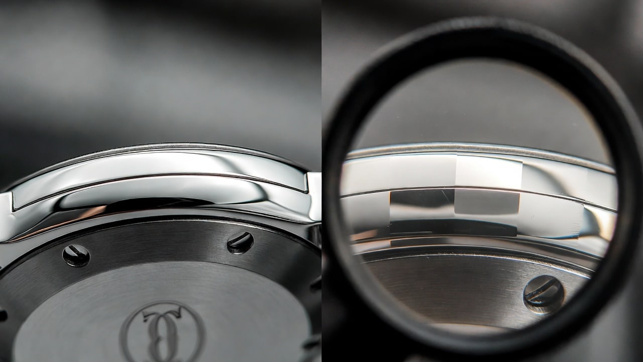 A high-magnification (x10 loupe) comparison image. On the left, a simple, rounded case edge from a Cartier Ballon Bleu super clone, showing smooth, continuous polishing. On the right, a complex, multi-faceted case edge with sharp internal angles from a Cartier Tank Française super clone, revealing slight unevenness in polishing and less defined transitions, illustrating varying finishing challenges.