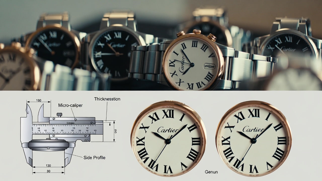 A diagram illustrating a micro-caliper measuring the side profile thickness of a watch case. Below it, two magnified images of dial printing: one showing crisp, perfectly defined Roman numerals with smooth edges (genuine), and the other showing slightly blurred edges and minor ink bleed (replica), demonstrating the difference between sharp and soft dial print edges.