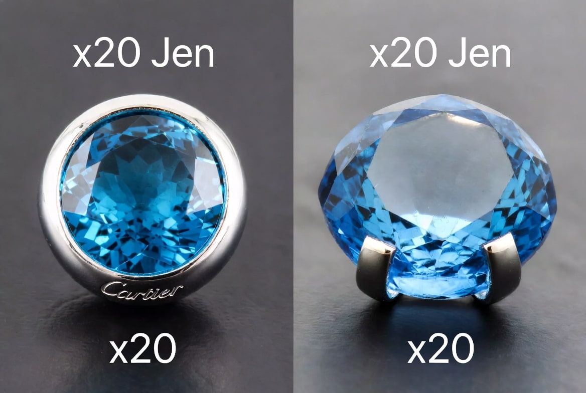 A side-by-side comparison of a genuine Cartier Ballon Bleu crown cabochon (left) and a super clone cabochon (right) under x20 magnification. The genuine shows a perfectly cut, clear, vibrant blue spinel with flawless setting. The replica shows a slightly cloudy stone with a less precise cut and minor imperfections in its setting, highlighting differences in cut, clarity, and setting.